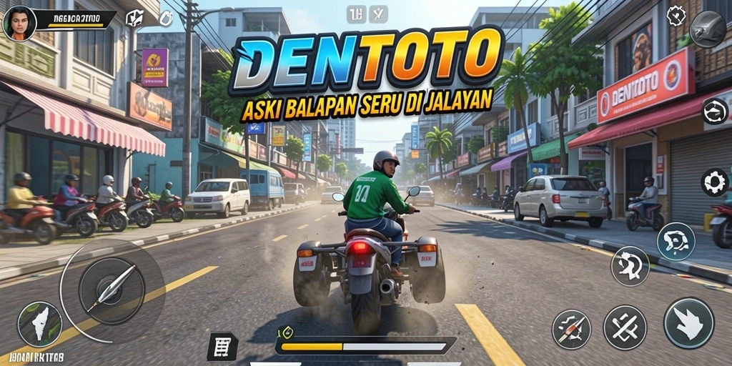 Gameplay DENTOTO dengan aksi balapan yang mendebarkan dan kendaraan kustom.