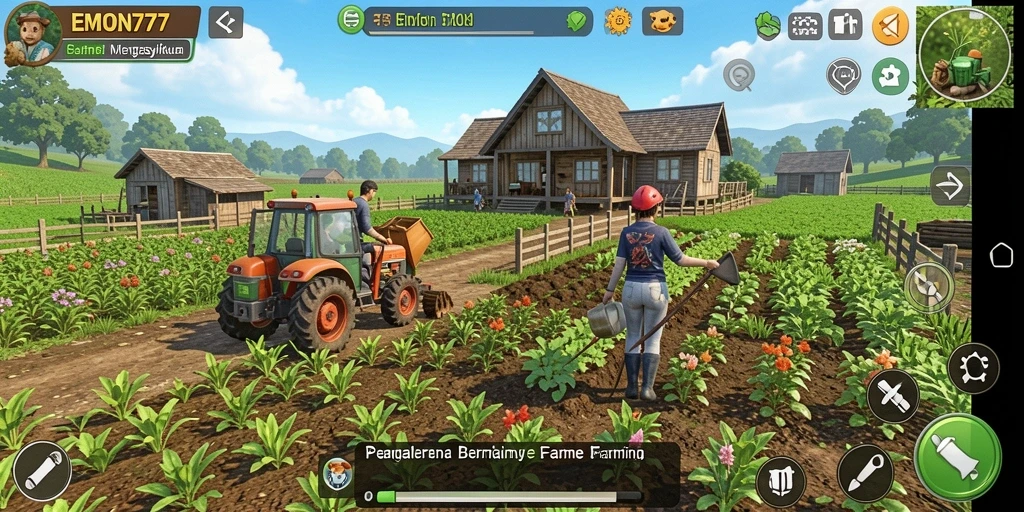 Screenshots gameplay EMON777 menampilkan aktivitas bertani yang menantang.