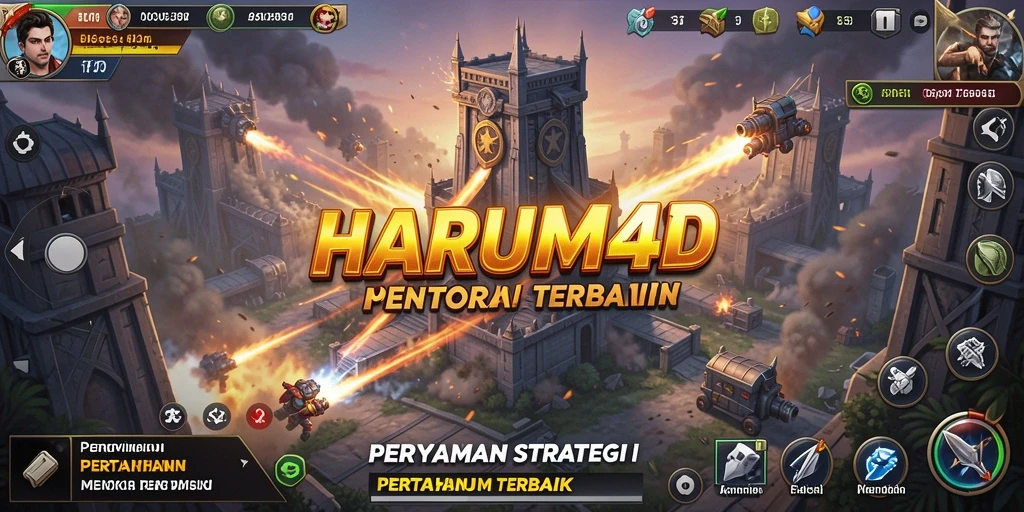 Screenshot gameplay HARUM4D menampilkan pertahanan menara yang strategis.