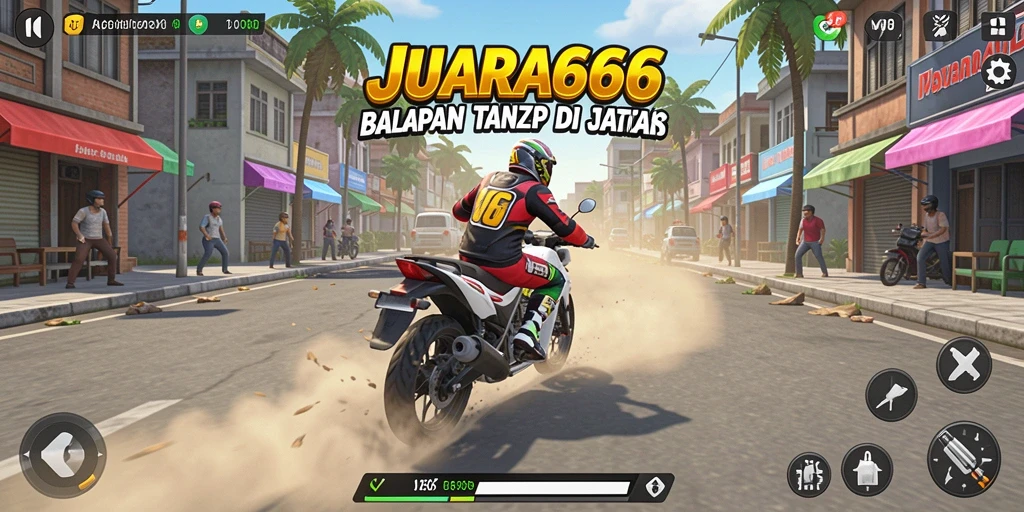 Screenshot JUARA666 menampilkan aksi balapan yang mendebarkan di jalanan perkotaan.
