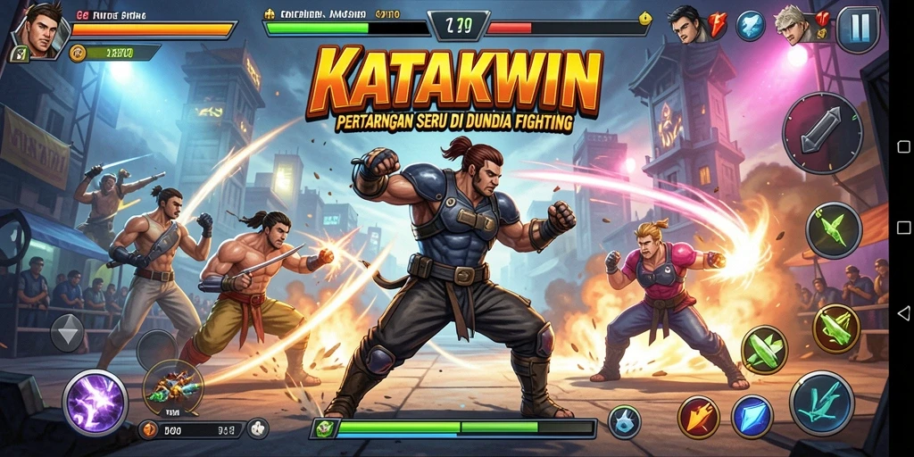 Screenshot KATAKWIN menampilkan aksi pertarungan dramatis dan karakter yang beragam.