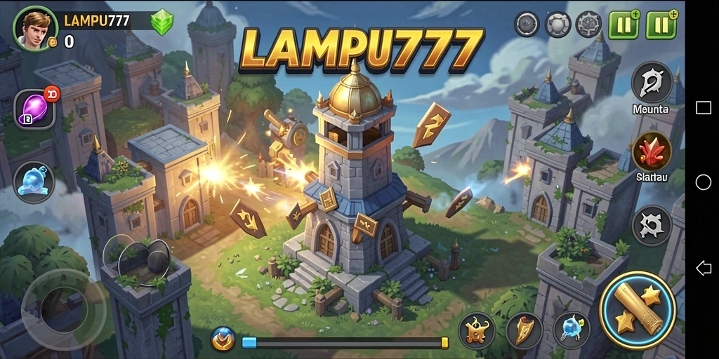 Screenshot gameplay LAMPU777 menampilkan menara yang siap menghalau serangan.