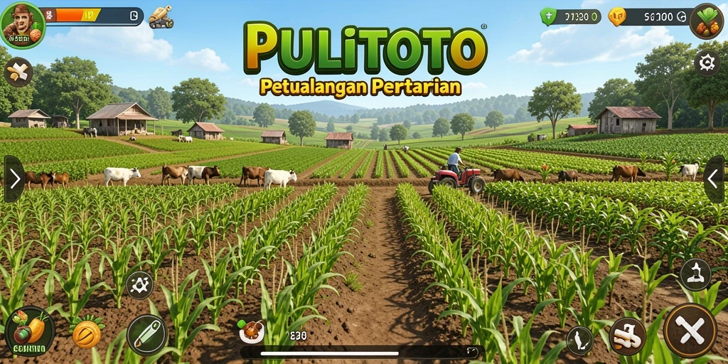 Tampilan gameplay PULITOTO dengan ladang yang subur dan hewan ternak.