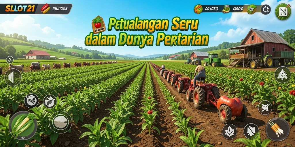 Tampilan gameplay SLOT21 yang menampilkan kebun yang subur dan hewan ternak.
