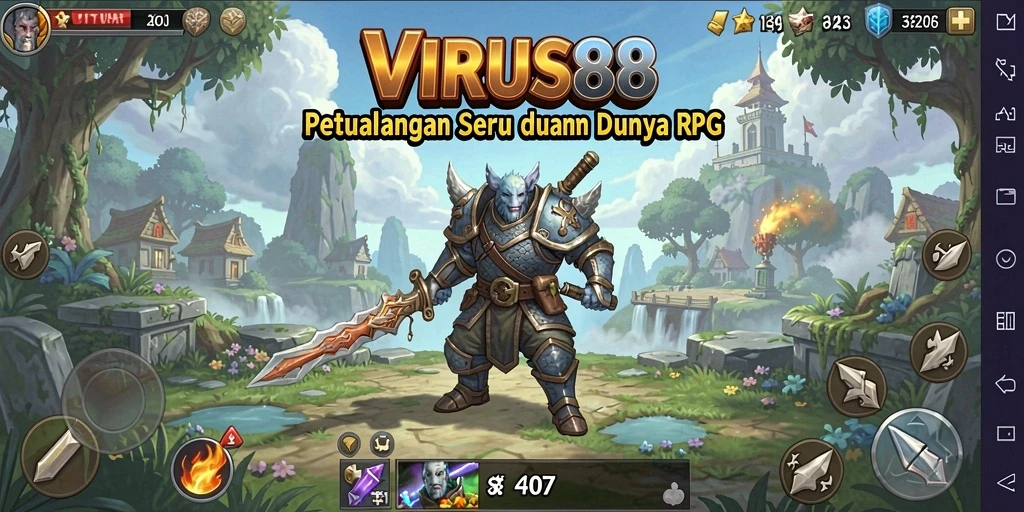 Screenshot utama VIRUS88 menampilkan pertarungan seru dalam dunia RPG.